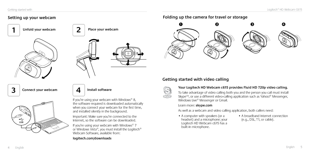 Logitech C615 Setting up your webcam, Folding up the camera for travel or storage, Getting started with video calling 