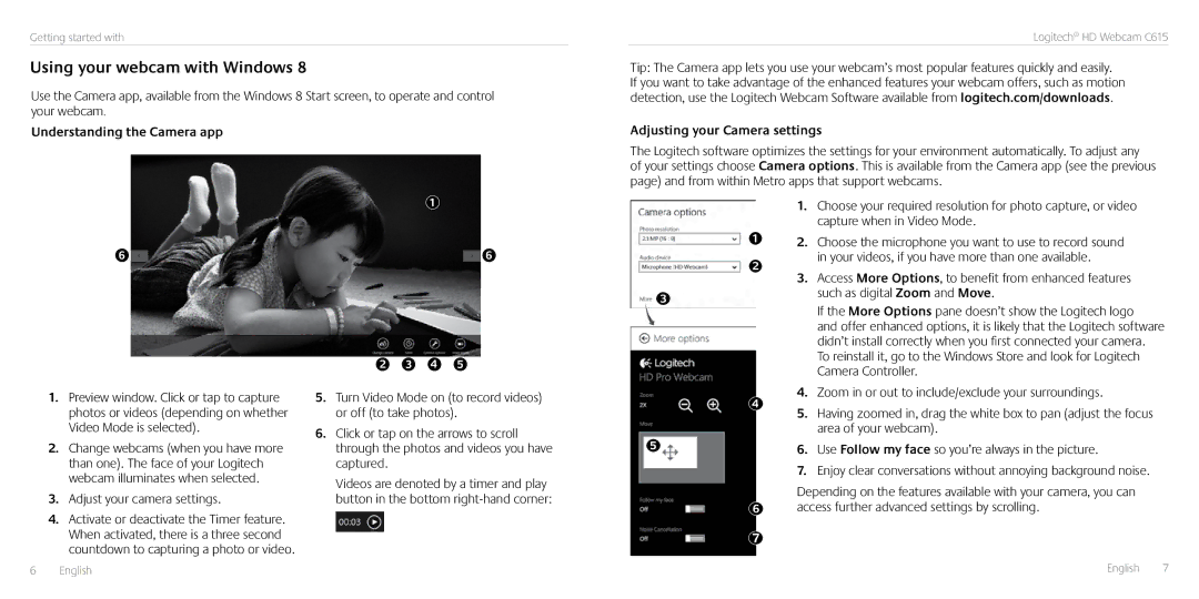 Logitech C615 manual Using your webcam with Windows, Understanding the Camera app, Adjusting your Camera settings 