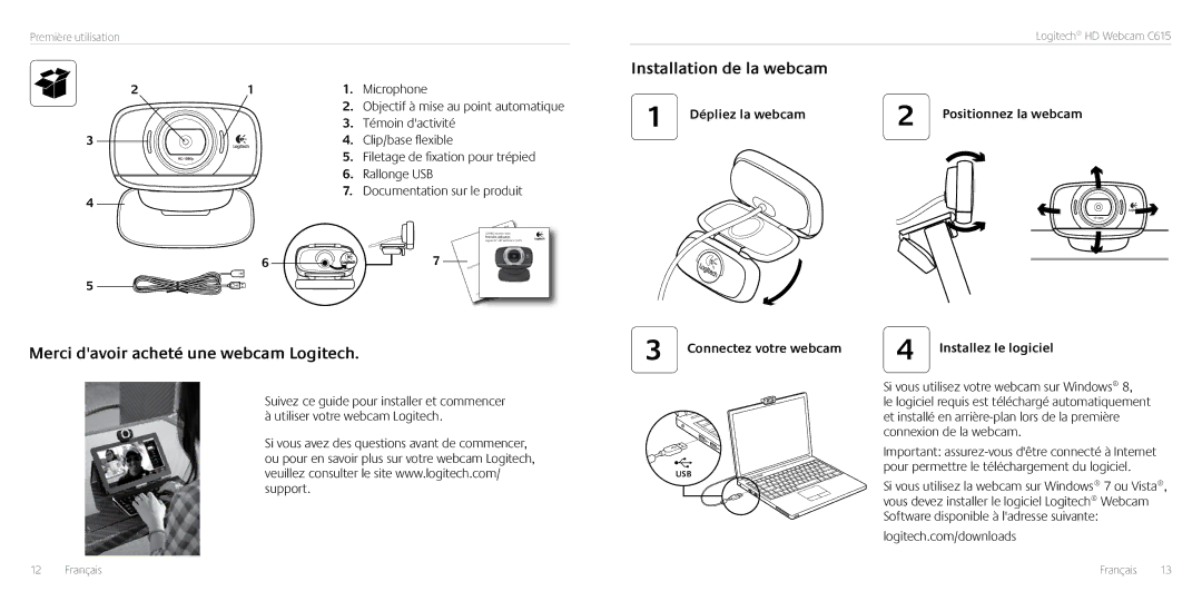 Logitech C615 manual Installation de la webcam, Merci davoir acheté une webcam Logitech 