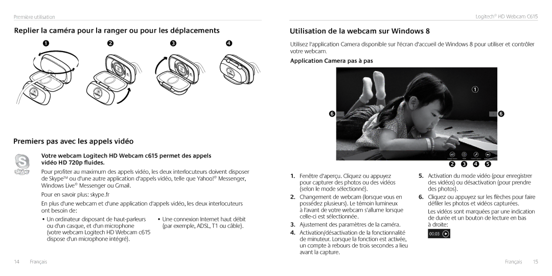 Logitech C615 manual Utilisation de la webcam sur Windows, Application Camera pas à pas 