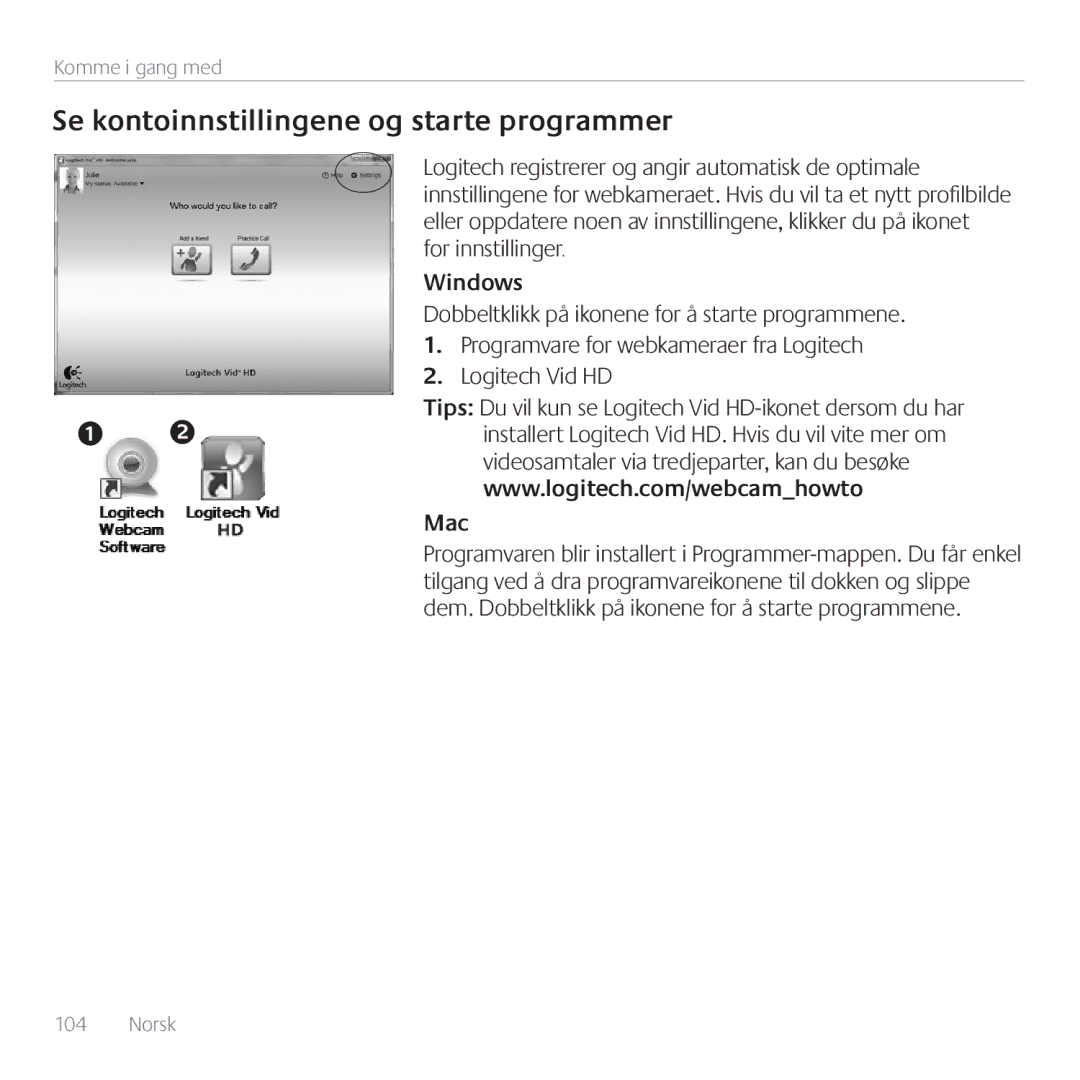 Logitech C615 manual Se kontoinnstillingene og starte programmer, Windows 