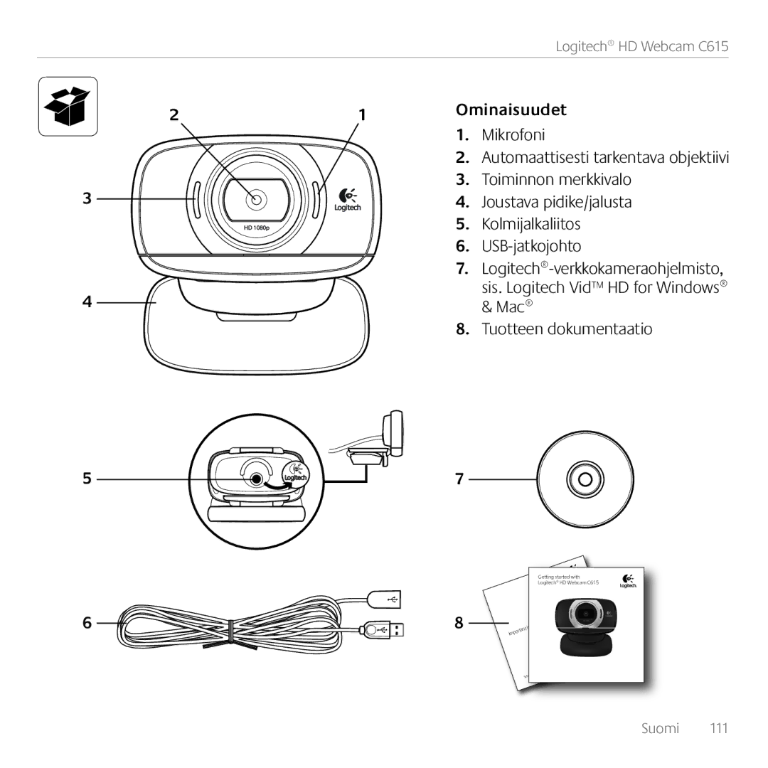 Logitech C615 Ominaisuudet, Mikrofoni, Toiminnon merkkivalo, Joustava pidike/jalusta, Kolmijalkaliitos, USB-jatkojohto 