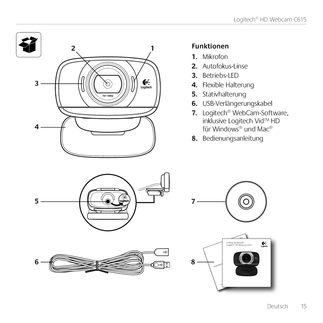 Logitech C615 manual Funktionen, Mikrofon, Autofokus-Linse, Betriebs-LED, Flexible Halterung, Stativhalterung 