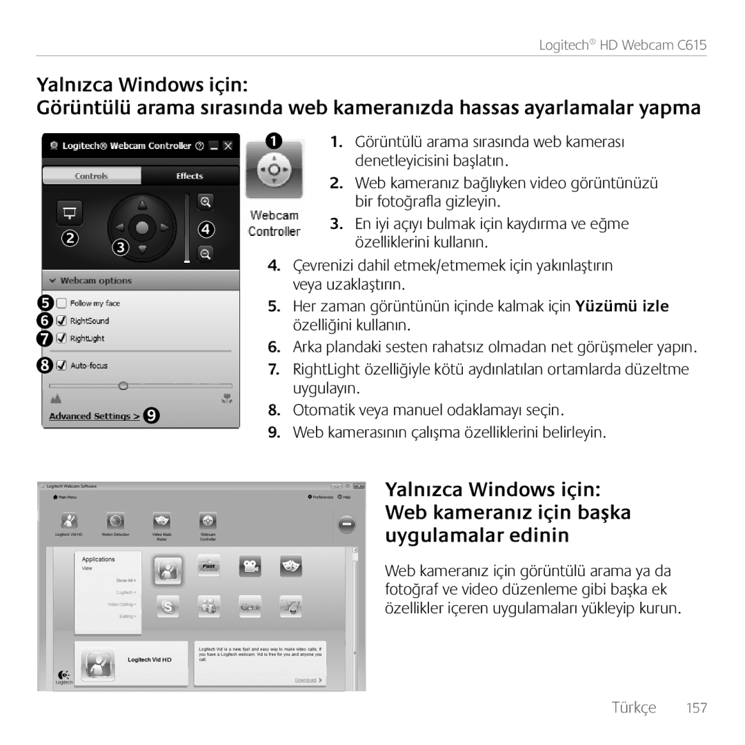 Logitech C615 manual Yalnızca Windows için 