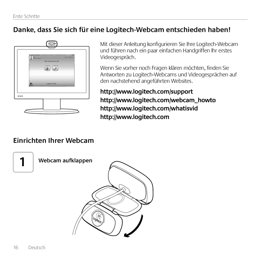 Logitech C615 manual Einrichten Ihrer Webcam, Webcam aufklappen 