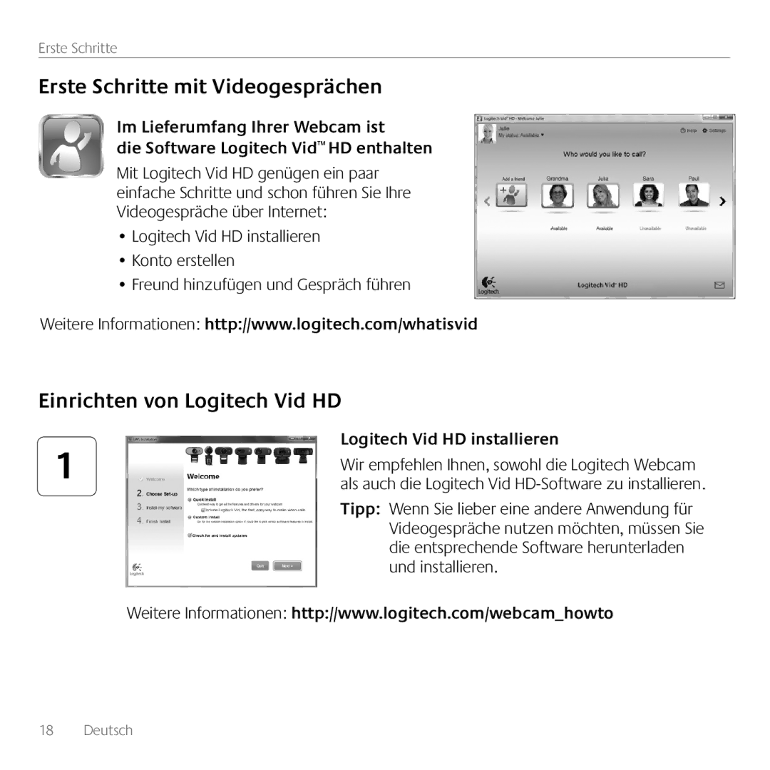 Logitech C615 manual Erste Schritte mit Videogesprächen, Einrichten von Logitech Vid HD, Logitech Vid HD installieren 