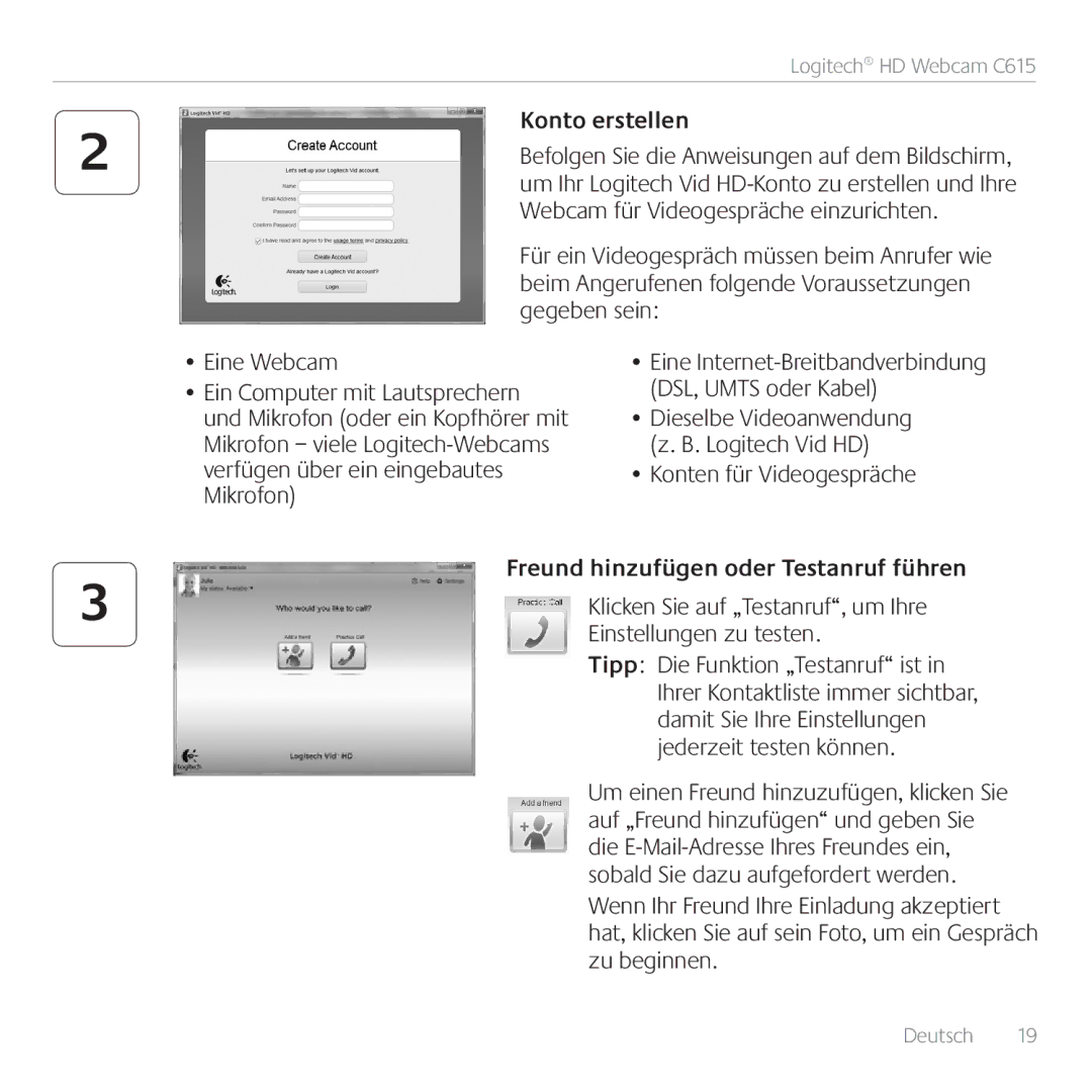 Logitech C615 manual Konto erstellen, Konten für Videogespräche, Freund hinzufügen oder Testanruf führen 