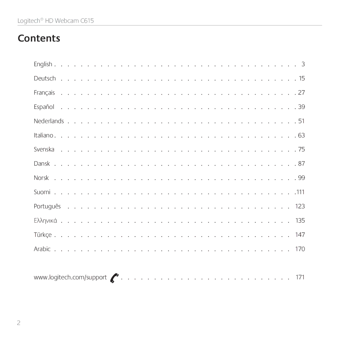 Logitech C615 manual Contents 