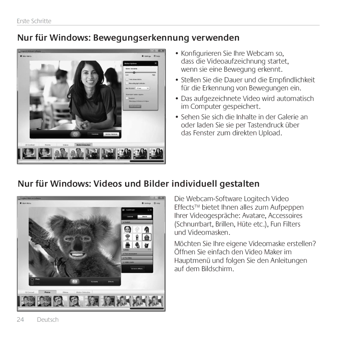 Logitech C615 manual Nur für Windows Bewegungserkennung verwenden, Nur für Windows Videos und Bilder individuell gestalten 