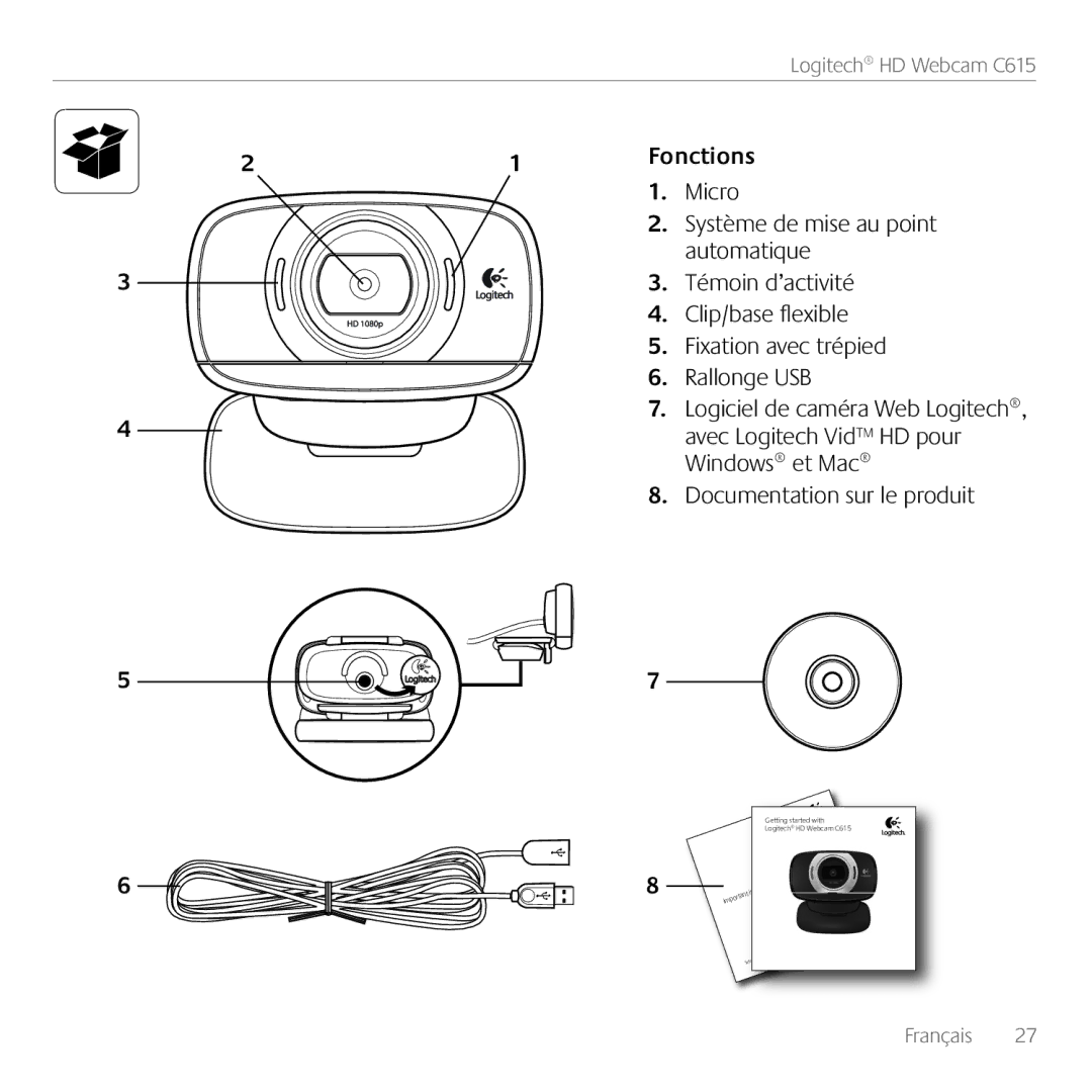 Logitech C615 Fonctions, Micro, Système de mise au point, Automatique, Témoin d’activité, Clip/base flexible, Rallonge USB 