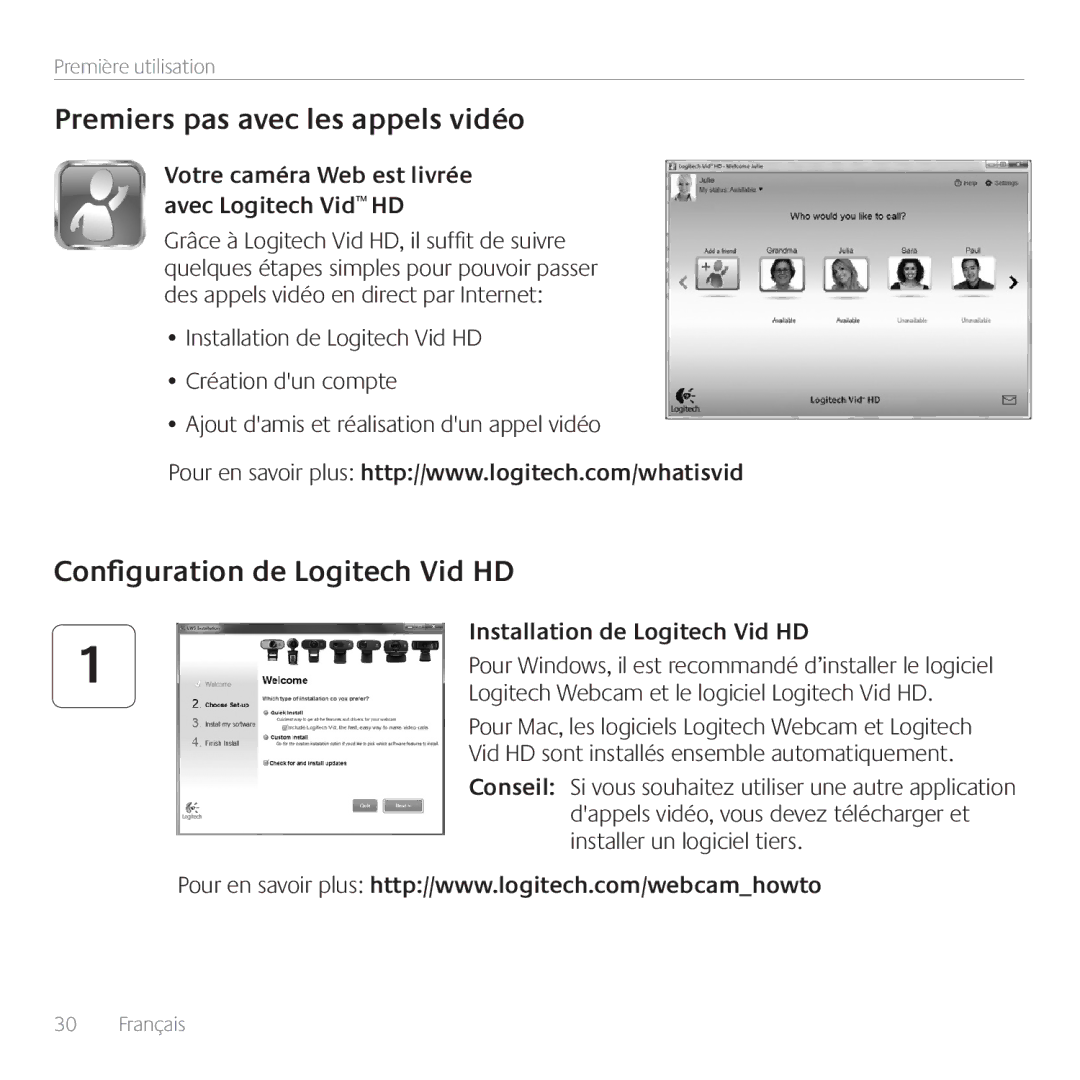 Logitech C615 manual Premiers pas avec les appels vidéo, Configuration de Logitech Vid HD, Installation de Logitech Vid HD 