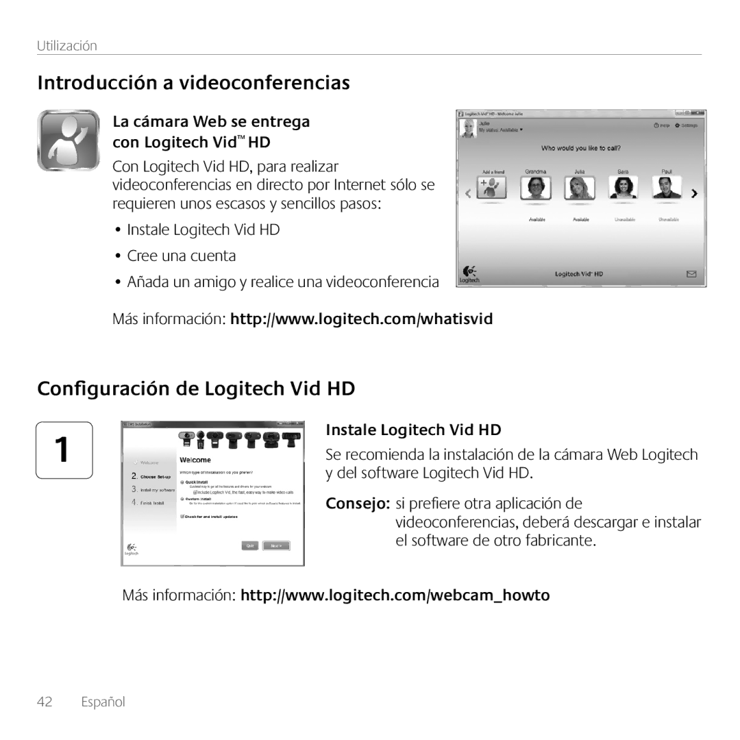 Logitech C615 manual Introducción a videoconferencias, Configuración de Logitech Vid HD, Instale Logitech Vid HD 