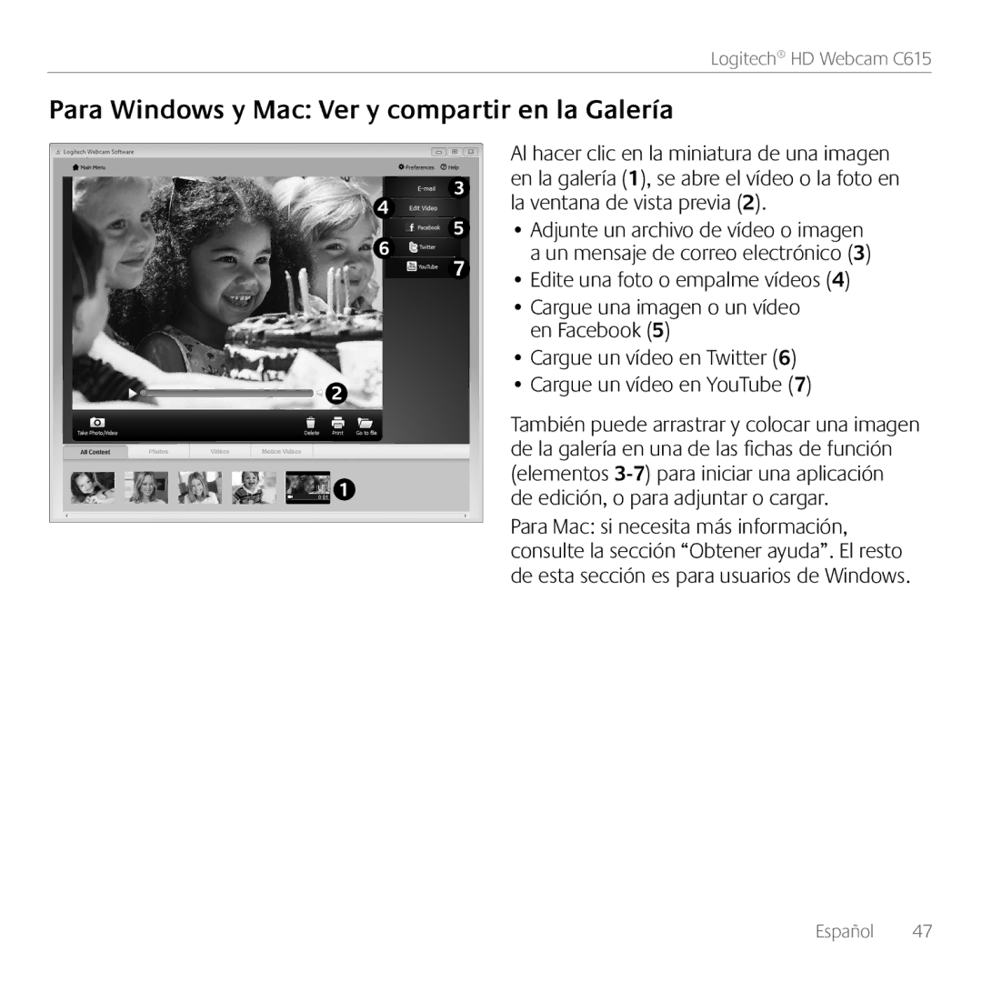 Logitech C615 manual Para Windows y Mac Ver y compartir en la Galería 