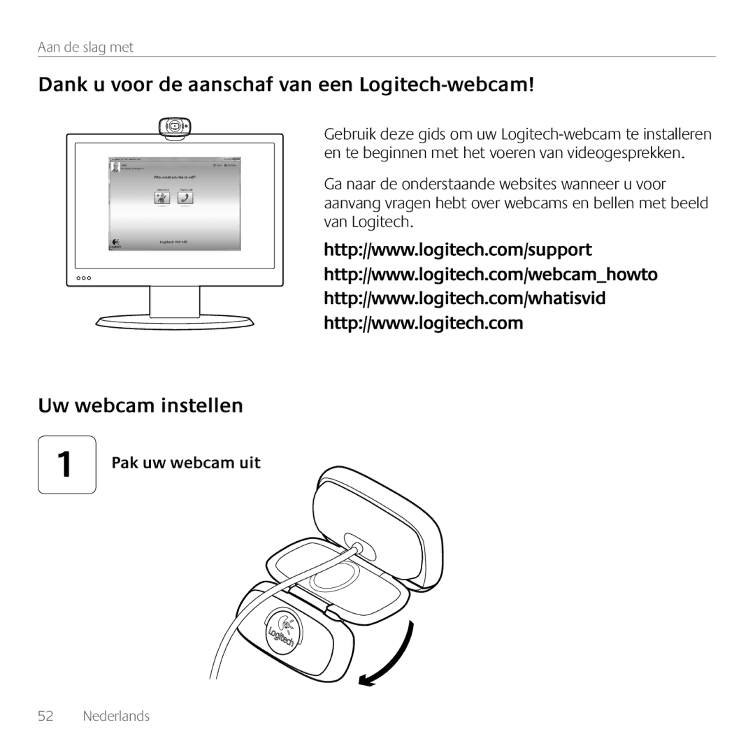 Logitech C615 manual Dank u voor de aanschaf van een Logitech-webcam, Uw webcam instellen, Pak uw webcam uit 