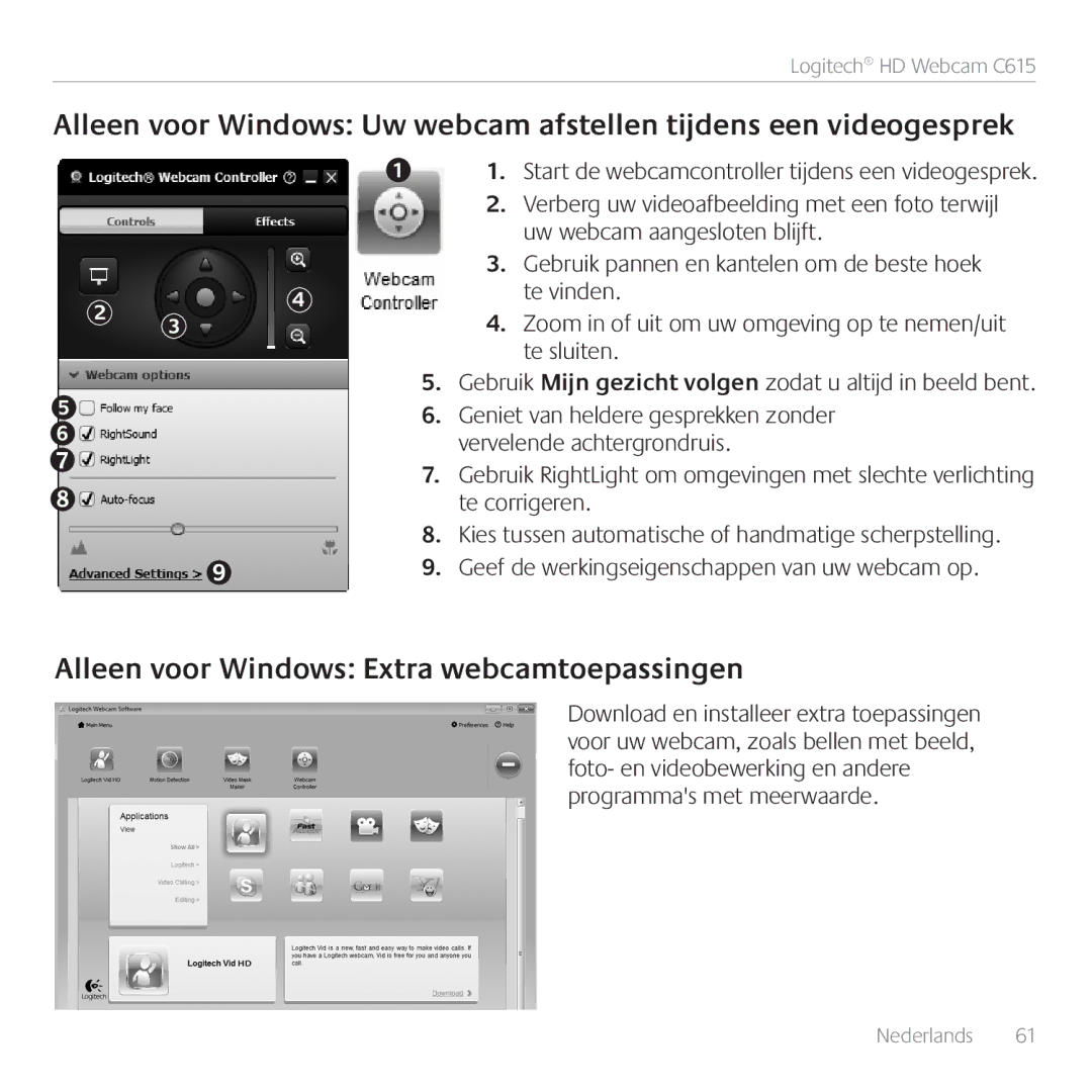Logitech C615 manual Alleen voor Windows Extra webcamtoepassingen 