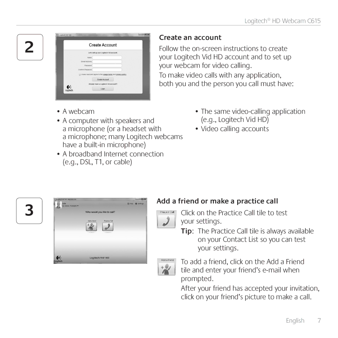 Logitech C615 manual Create an account, Webcam, Video calling accounts 