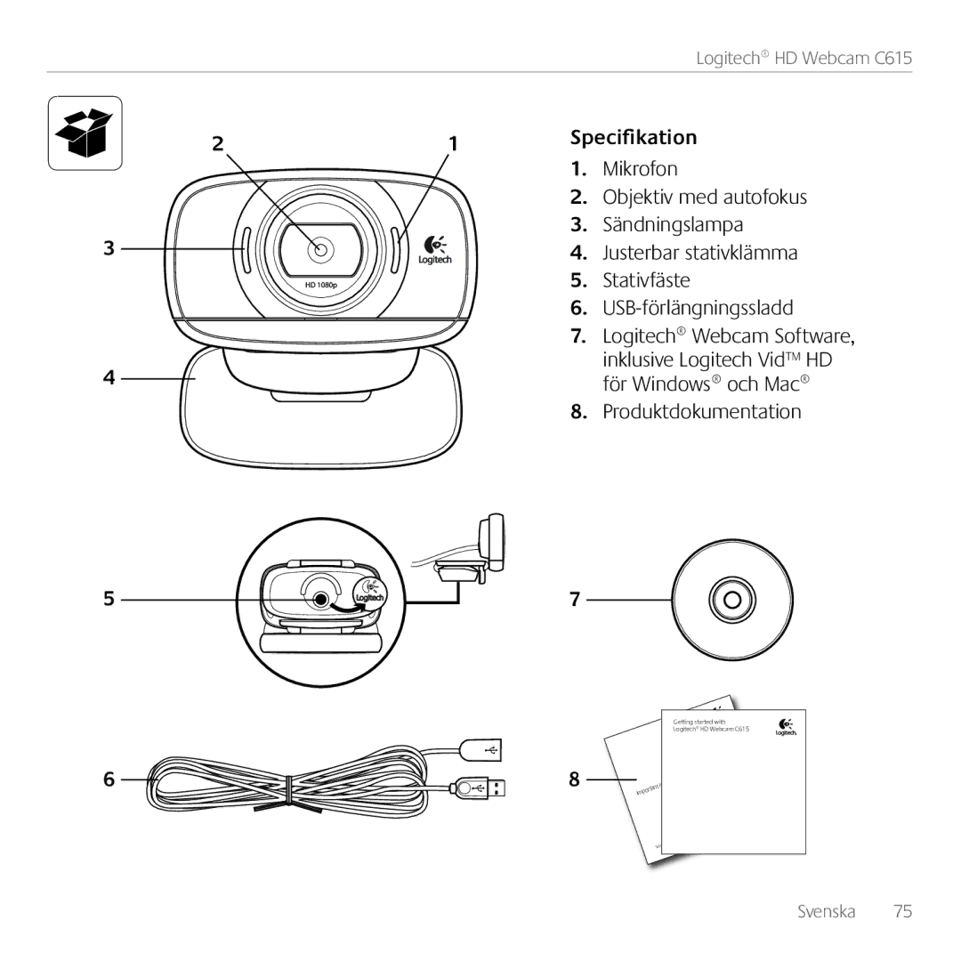 Logitech C615 manual Specifikation, Objektiv med autofokus, Sändningslampa, Justerbar stativklämma, Stativfäste 