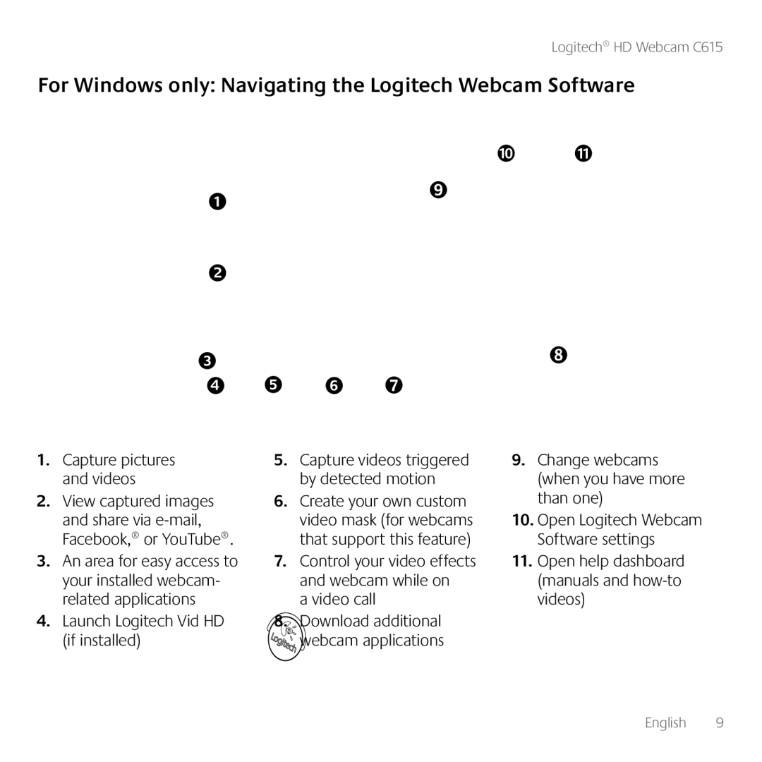 Logitech C615 For Windows only Navigating the Logitech Webcam Software, Launch Logitech Vid HD if installed, Video call 