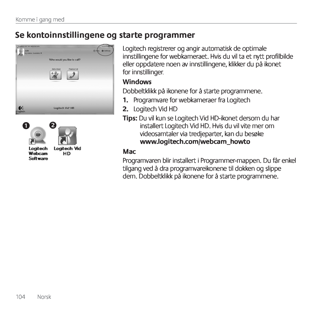 Logitech C615 manual Se kontoinnstillingene og starte programmer 