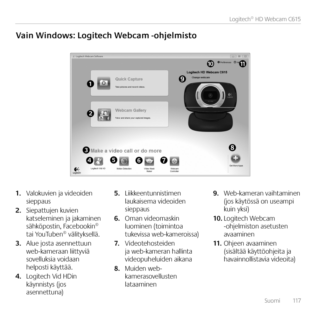 Logitech C615 manual Vain Windows Logitech Webcam -ohjelmisto, jos käytössä on useampi, sähköpostin, Facebookin 