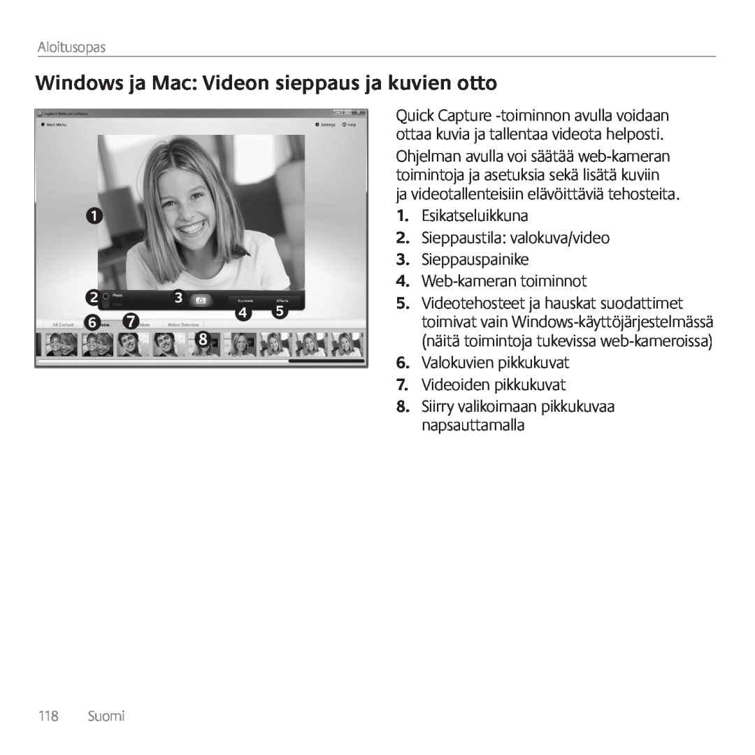 Logitech C615 manual Windows ja Mac Videon sieppaus ja kuvien otto, Web-kameran toiminnot, Aloitusopas, Suomi 