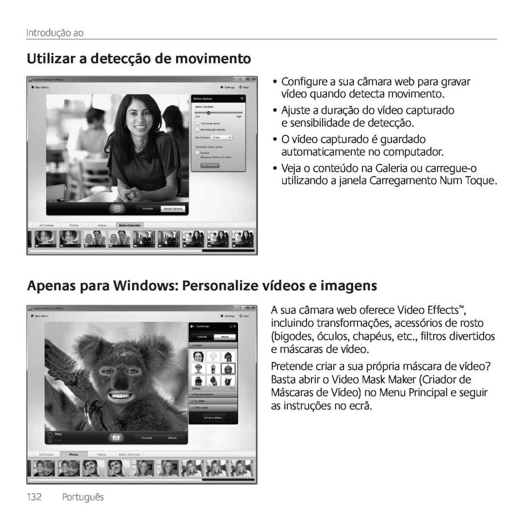 Logitech C615 Utilizar a detecção de movimento, Apenas para Windows Personalize vídeos e imagens, Introdução ao, Português 