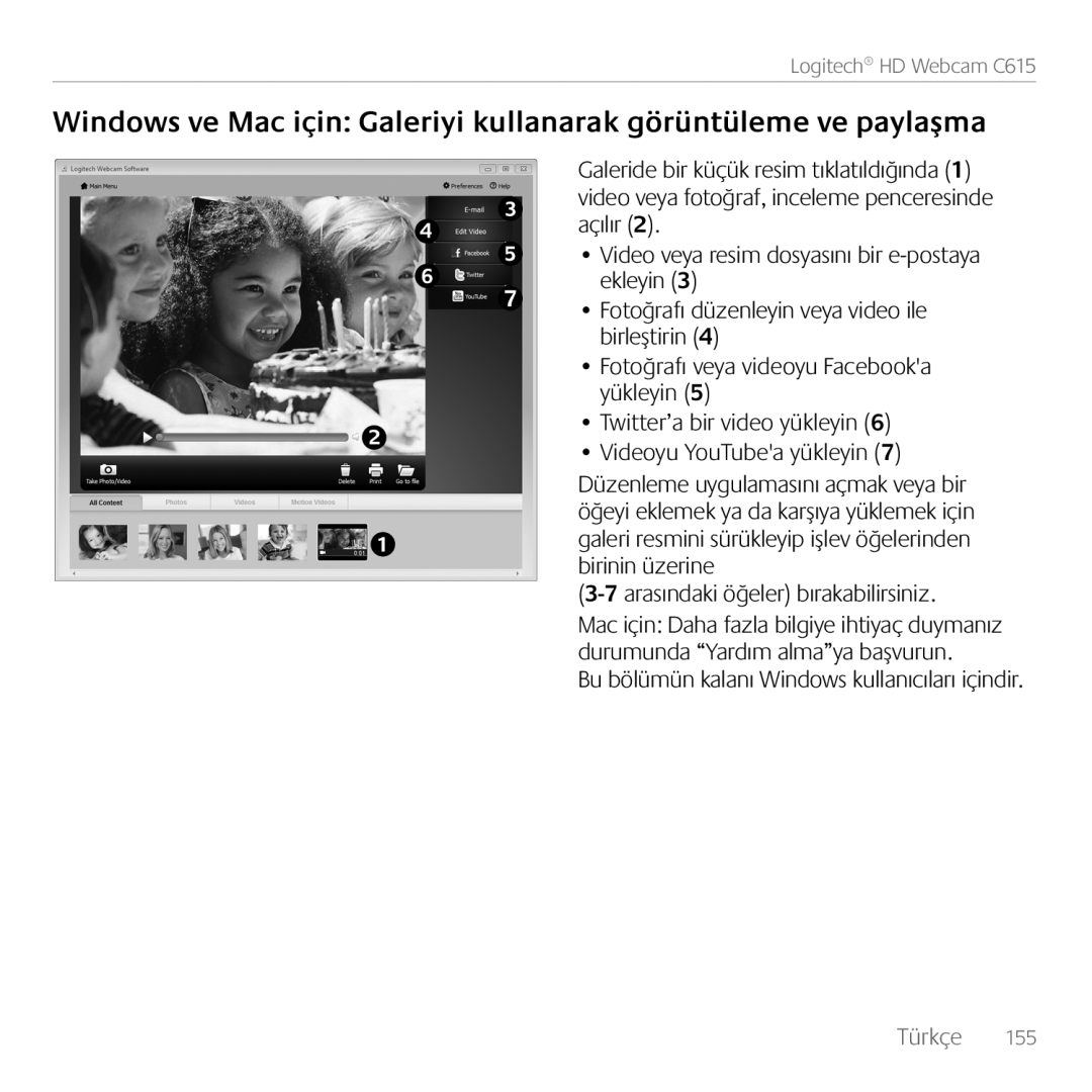 Logitech C615 manual Windows ve Mac için Galeriyi kullanarak görüntüleme ve paylaşma 