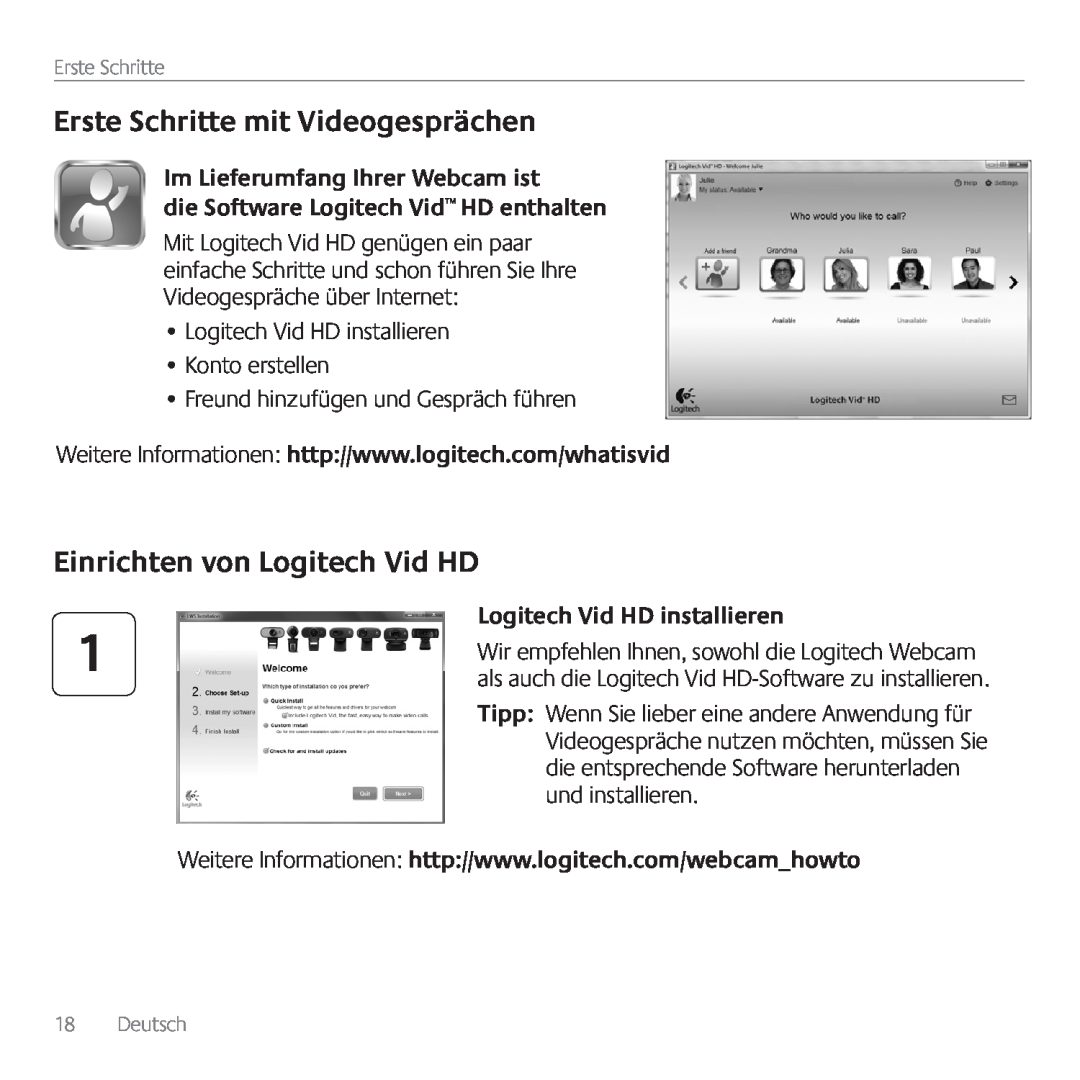 Logitech C615 manual Erste Schritte mit Videogesprächen, Einrichten von Logitech Vid HD, Im Lieferumfang Ihrer Webcam ist 