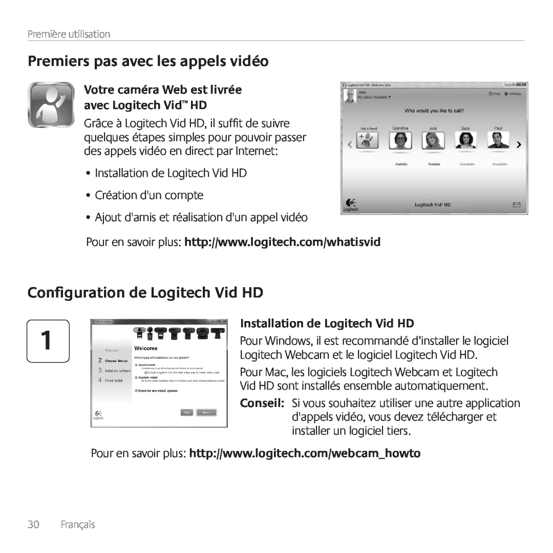 Logitech C615 manual Premiers pas avec les appels vidéo, Configuration de Logitech Vid HD, Installation de Logitech Vid HD 