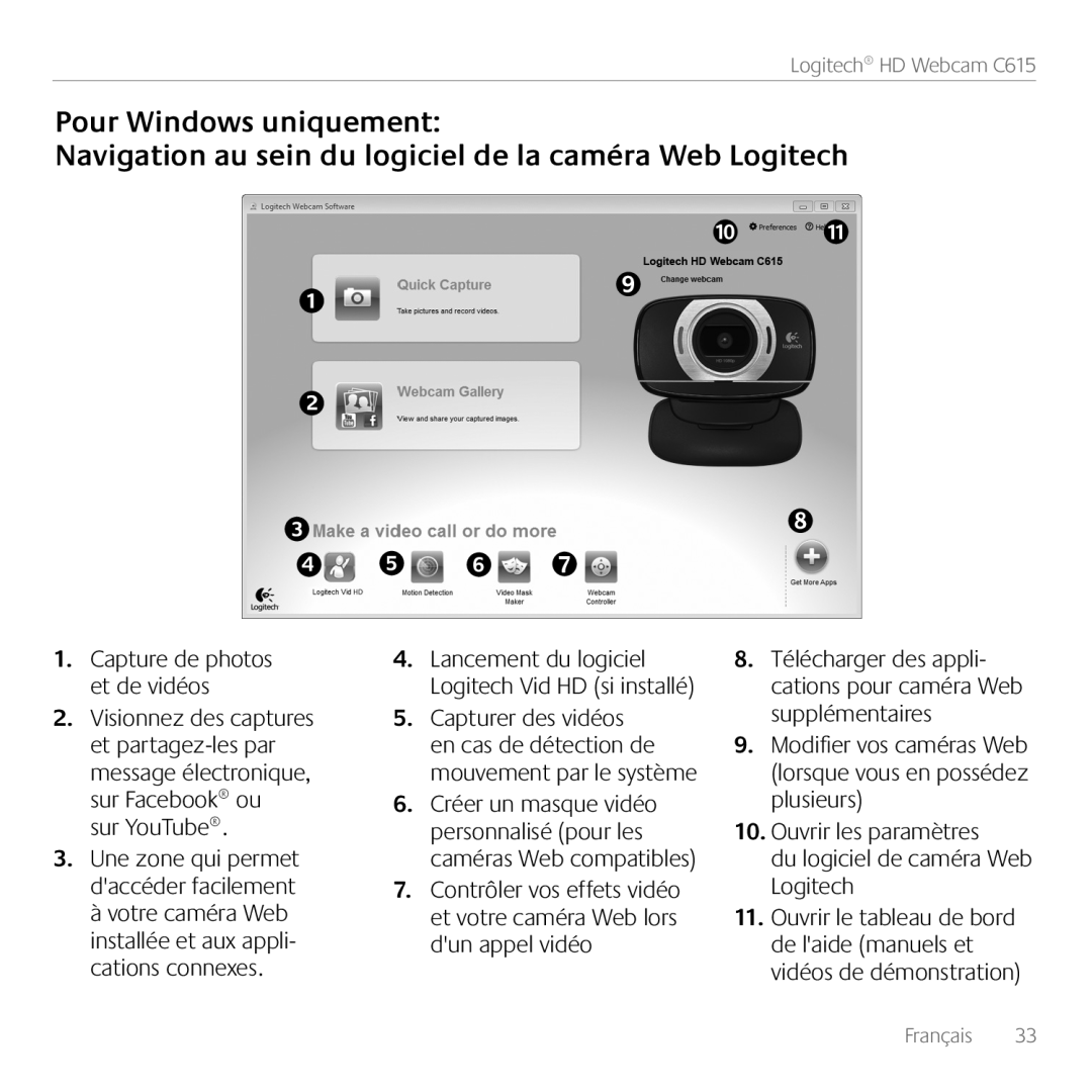 Logitech C615 Pour Windows uniquement, Navigation au sein du logiciel de la caméra Web Logitech, sur YouTube, Français 