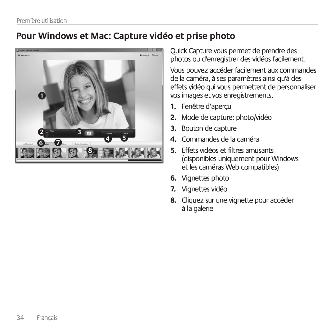 Logitech C615 Pour Windows et Mac Capture vidéo et prise photo, Fenêtre d’aperçu 2. Mode de capture photo/vidéo, Français 