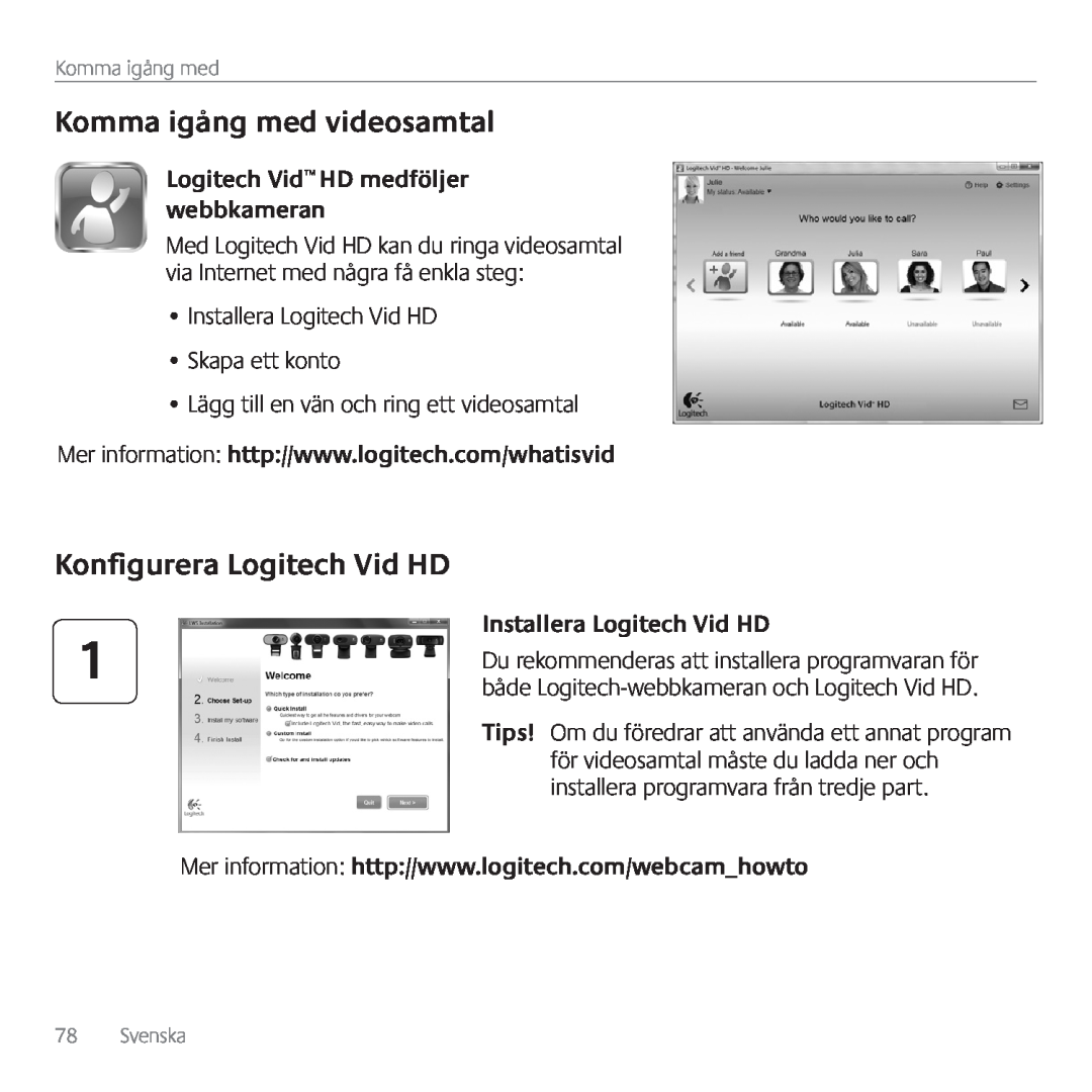 Logitech C615 Komma igång med videosamtal, Konfigurera Logitech Vid HD, Logitech Vid HD medföljer webbkameran, Svenska 