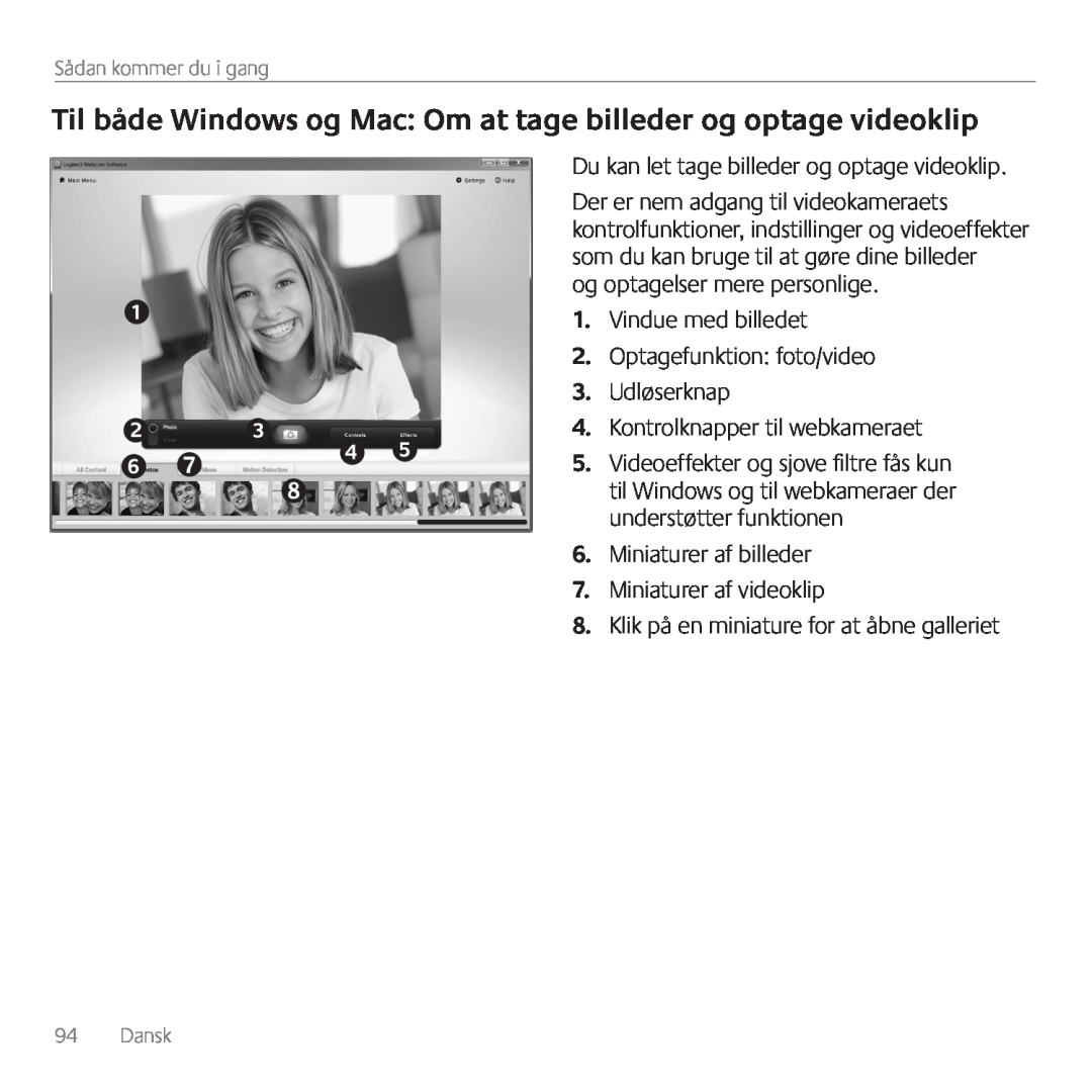 Logitech C615 manual Til både Windows og Mac Om at tage billeder og optage videoklip 