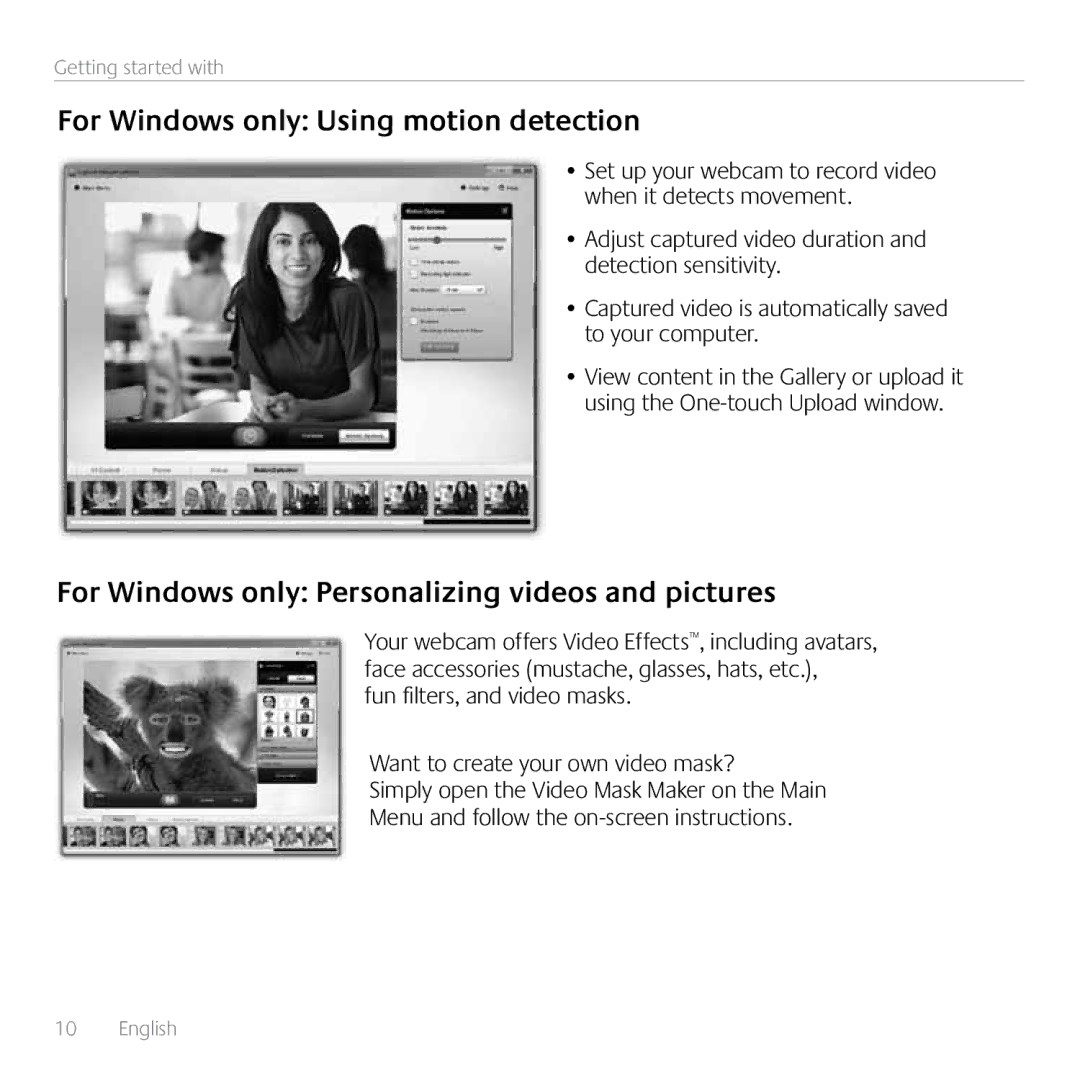 Logitech C910 manual For Windows only Using motion detection, For Windows only Personalizing videos and pictures 