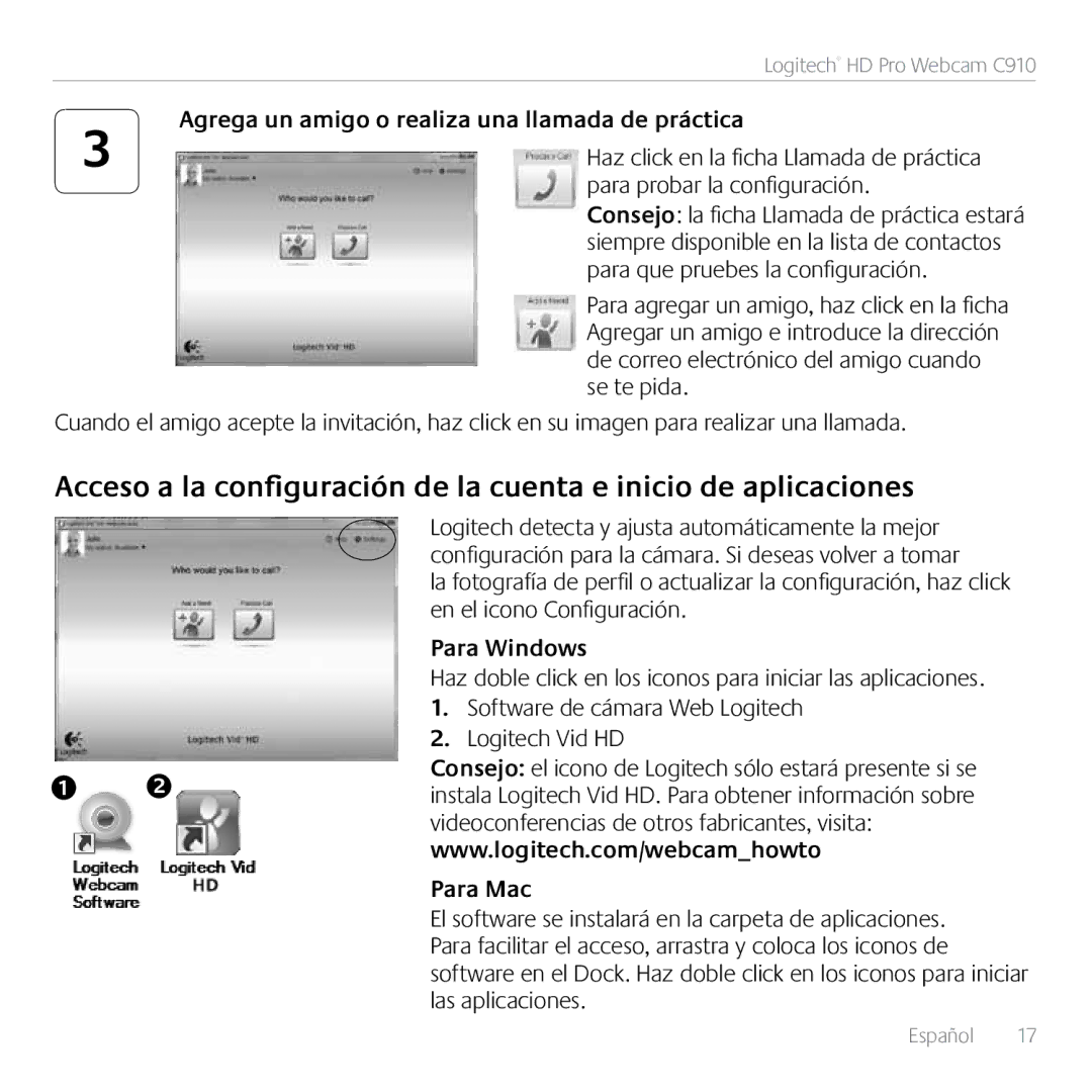 Logitech C910 manual Para probar la configuración, Para Windows, Para Mac 