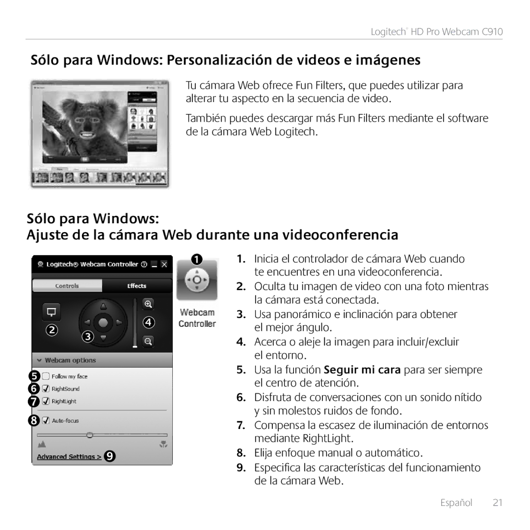 Logitech C910 manual Sólo para Windows Personalización de videos e imágenes 