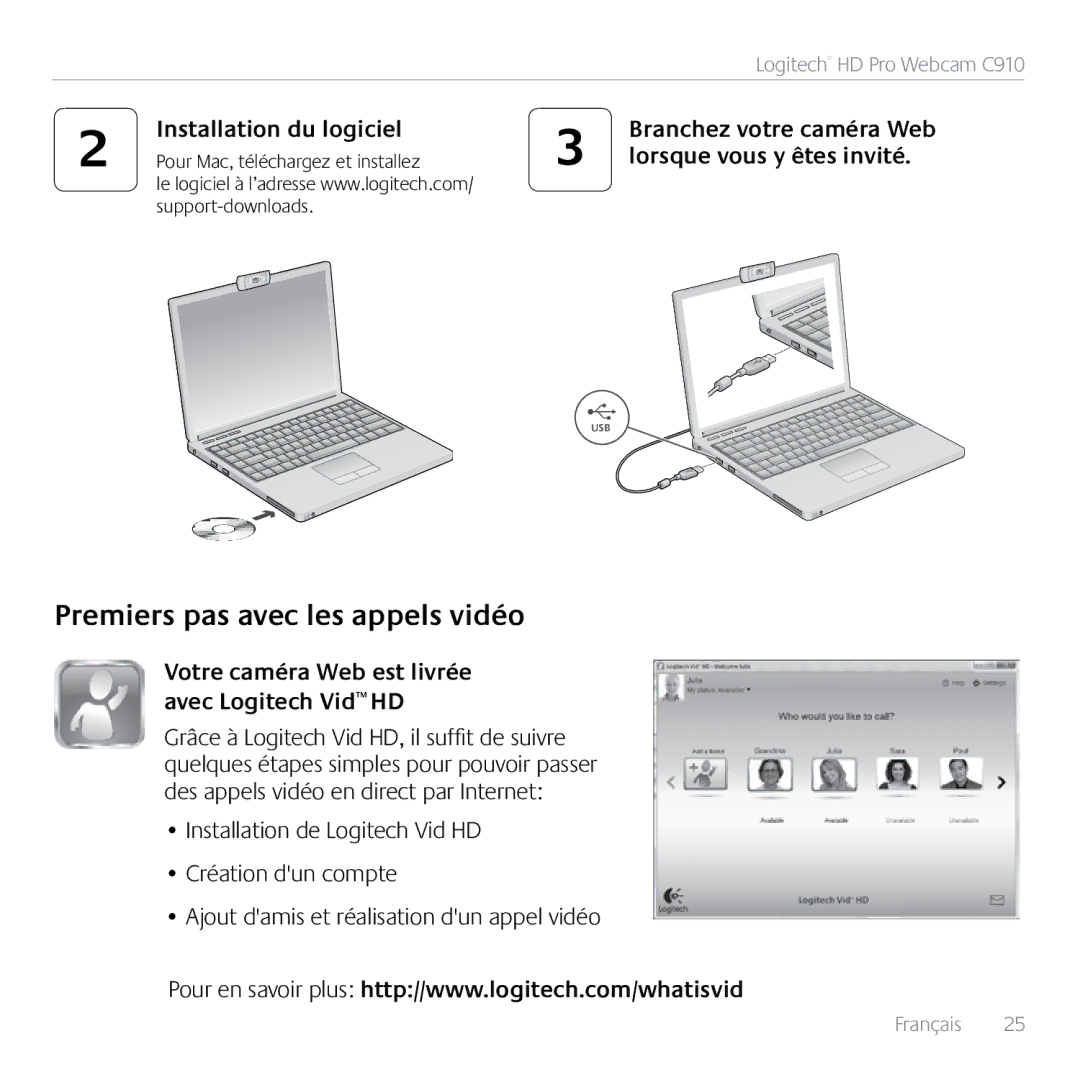 Logitech C910 manual Premiers pas avec les appels vidéo, Votre caméra Web est livrée avec Logitech Vid HD 
