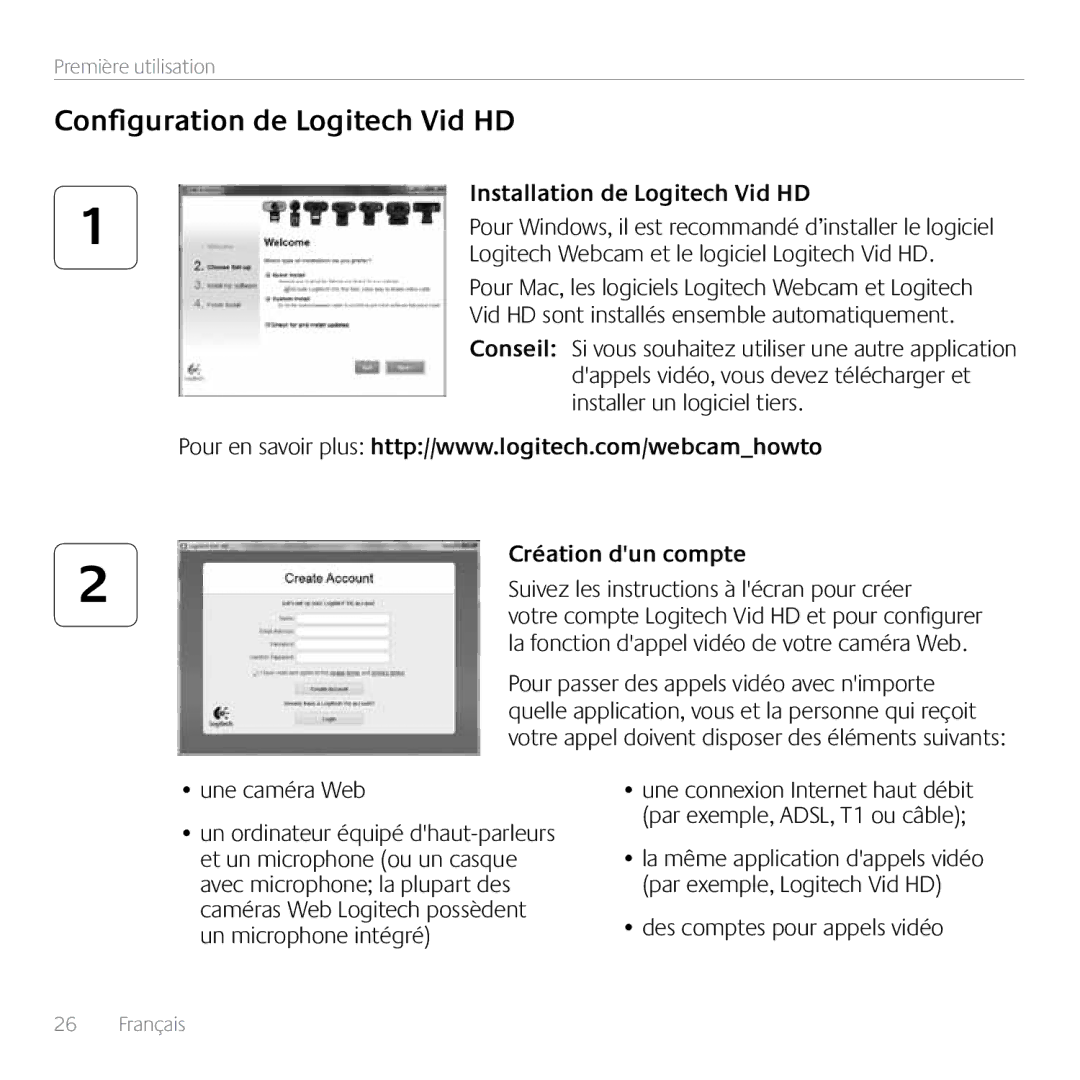 Logitech C910 manual Configuration de Logitech Vid HD, Installation de Logitech Vid HD, Création dun compte 