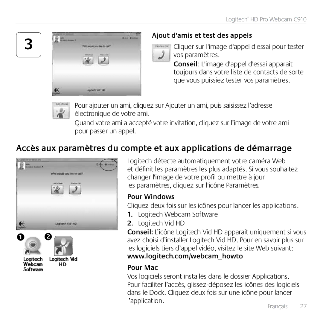 Logitech C910 manual Pour Windows, Pour Mac 