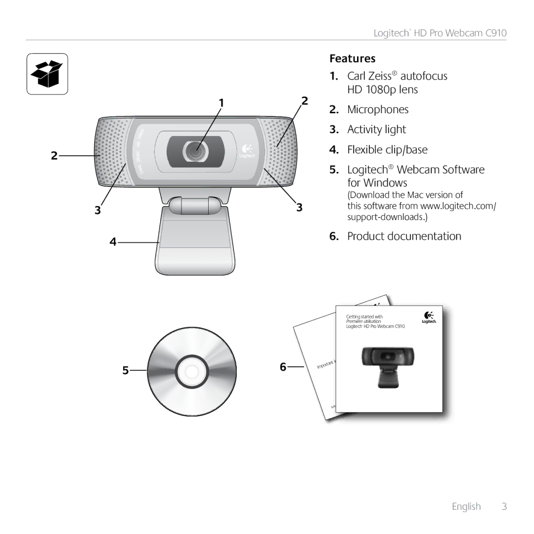 Logitech C910 manual Features, Product documentation 