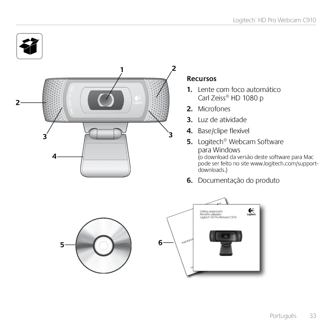 Logitech C910 manual Recursos 