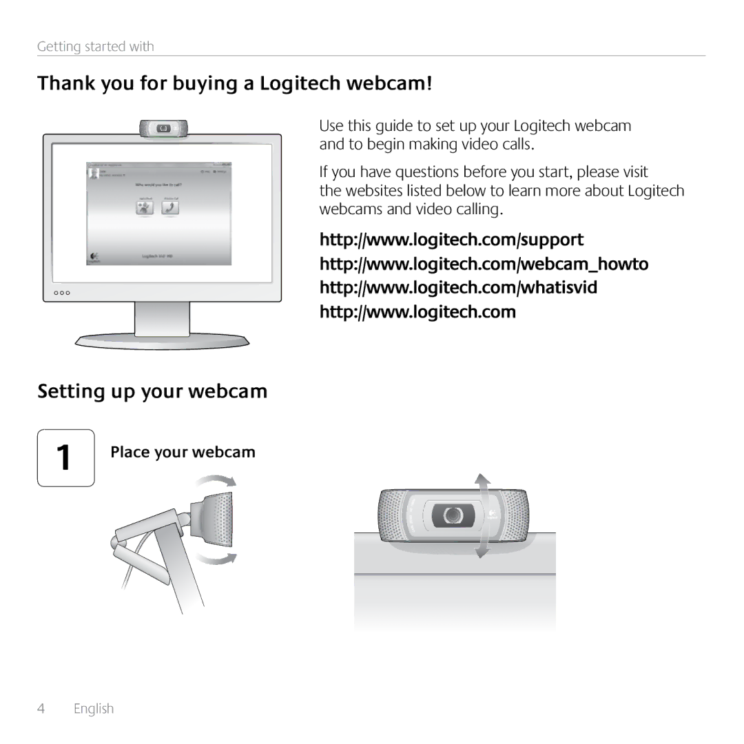 Logitech C910 manual Thank you for buying a Logitech webcam, Setting up your webcam 