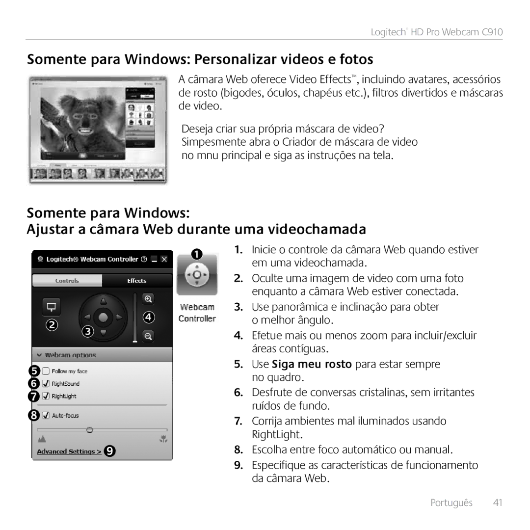 Logitech C910 manual Somente para Windows Personalizar videos e fotos 