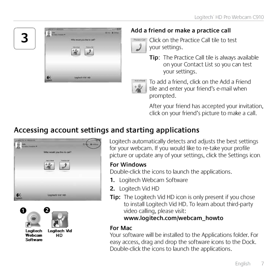 Logitech C910 manual Accessing account settings and starting applications, For Windows, For Mac 