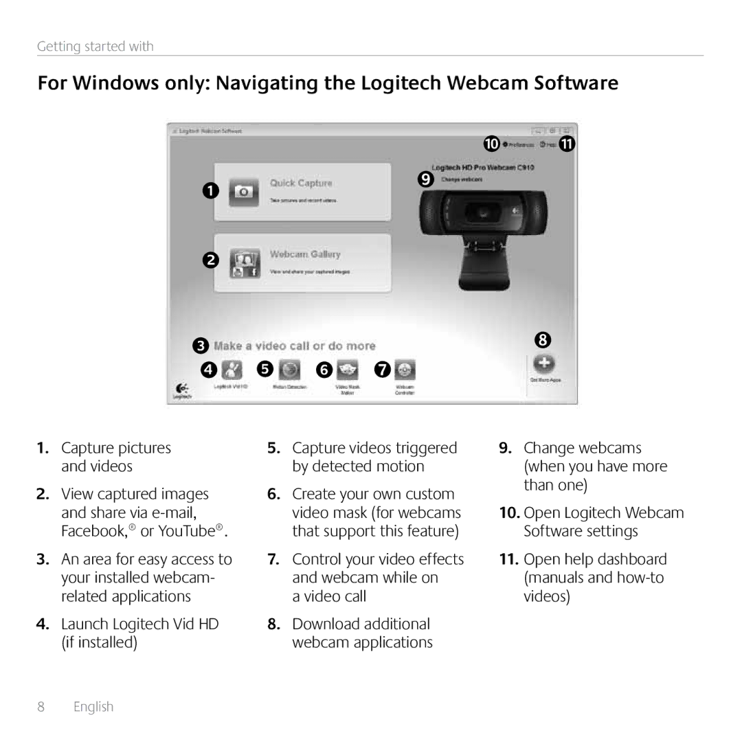 Logitech C910 For Windows only Navigating the Logitech Webcam Software, Launch Logitech Vid HD if installed, Video call 