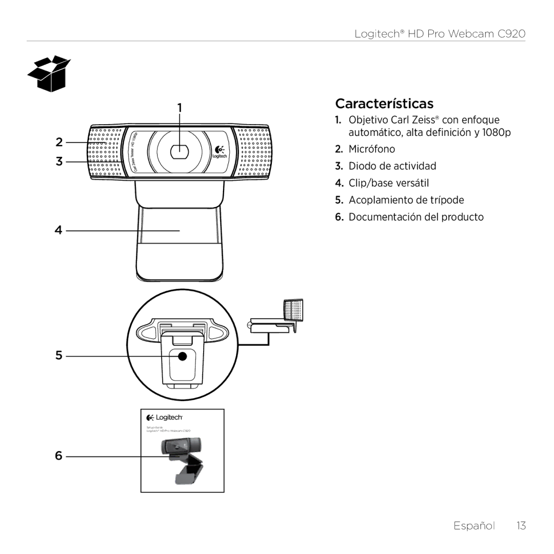 Logitech C920 setup guide 1Características, Español 13 