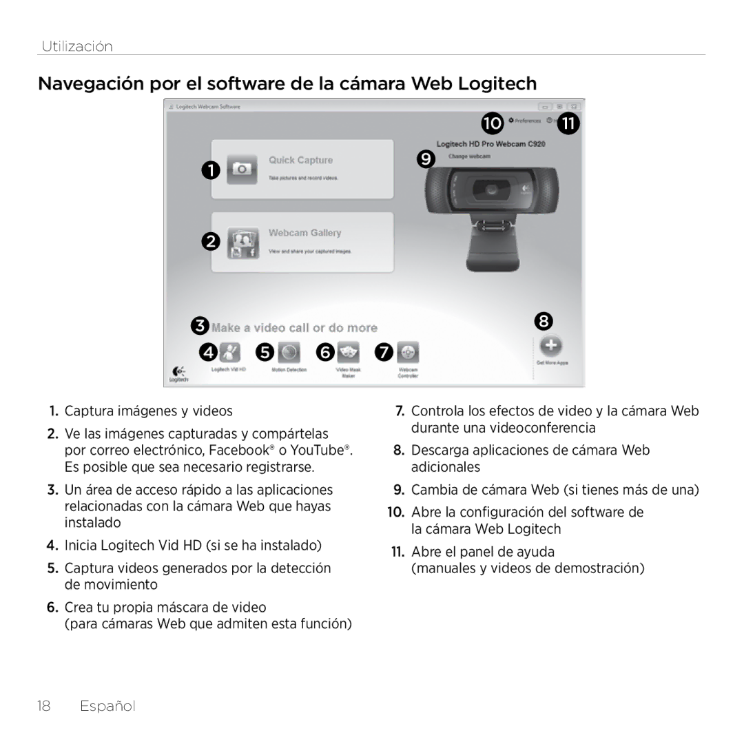 Logitech C920 setup guide Navegación por el software de la cámara Web Logitech, Captura imágenes y videos 