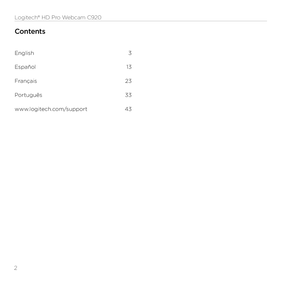 Logitech setup guide Contents, Logitech HD Pro Webcam C920, English Español Français Português 