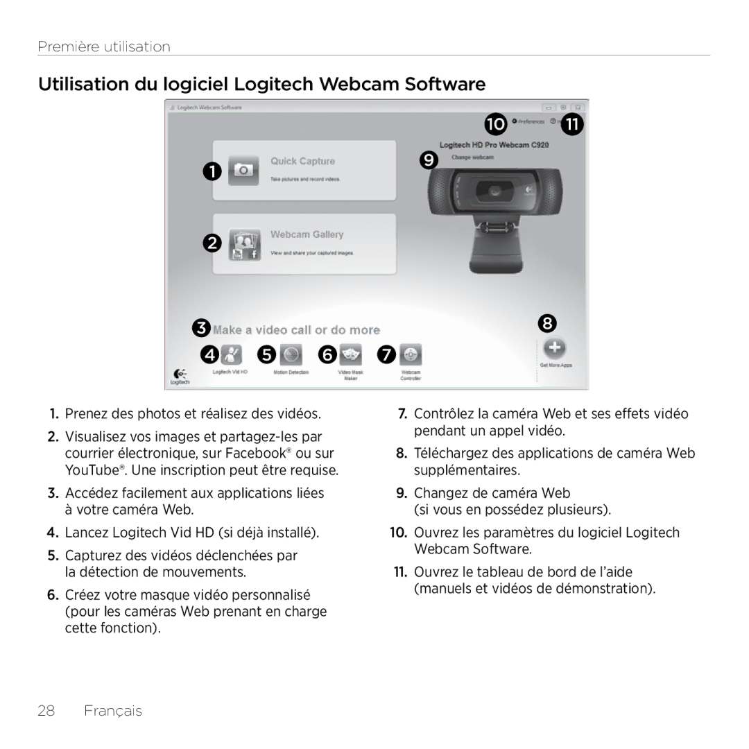 Logitech C920 setup guide Utilisation du logiciel Logitech Webcam Software, Prenez des photos et réalisez des vidéos 