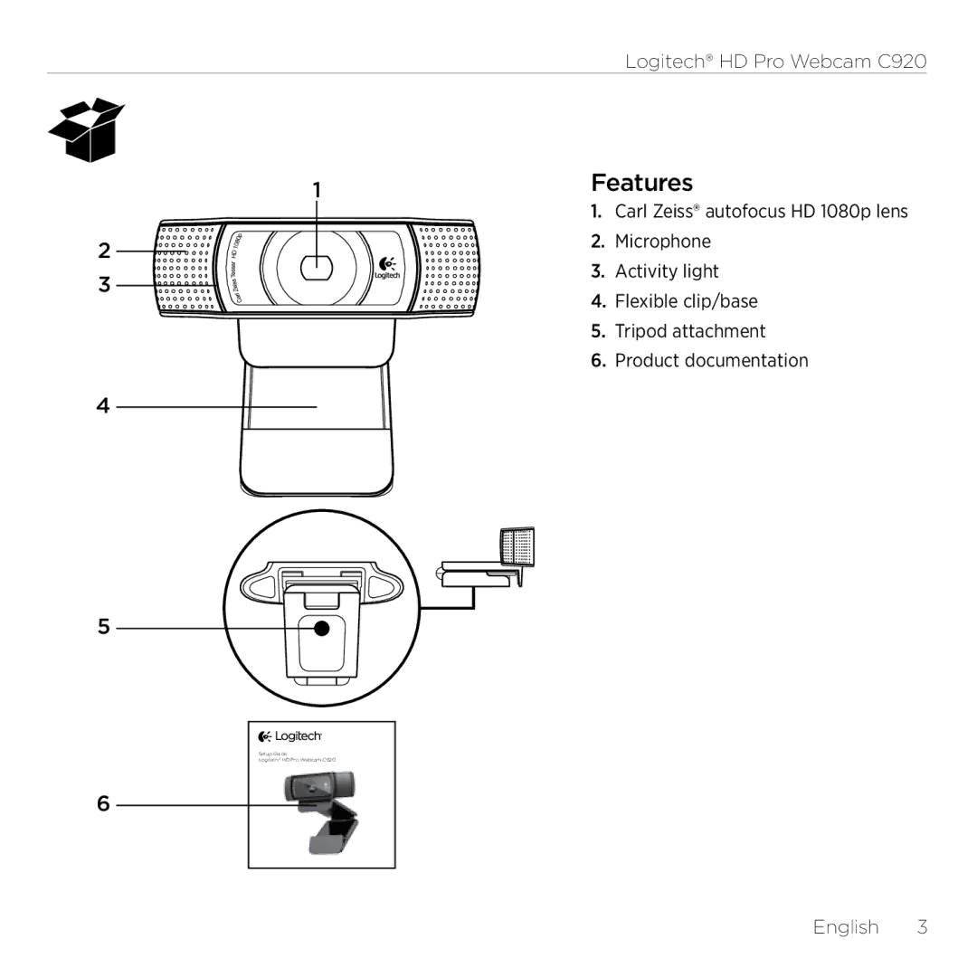 Logitech C920 setup guide 1Features, English 3 